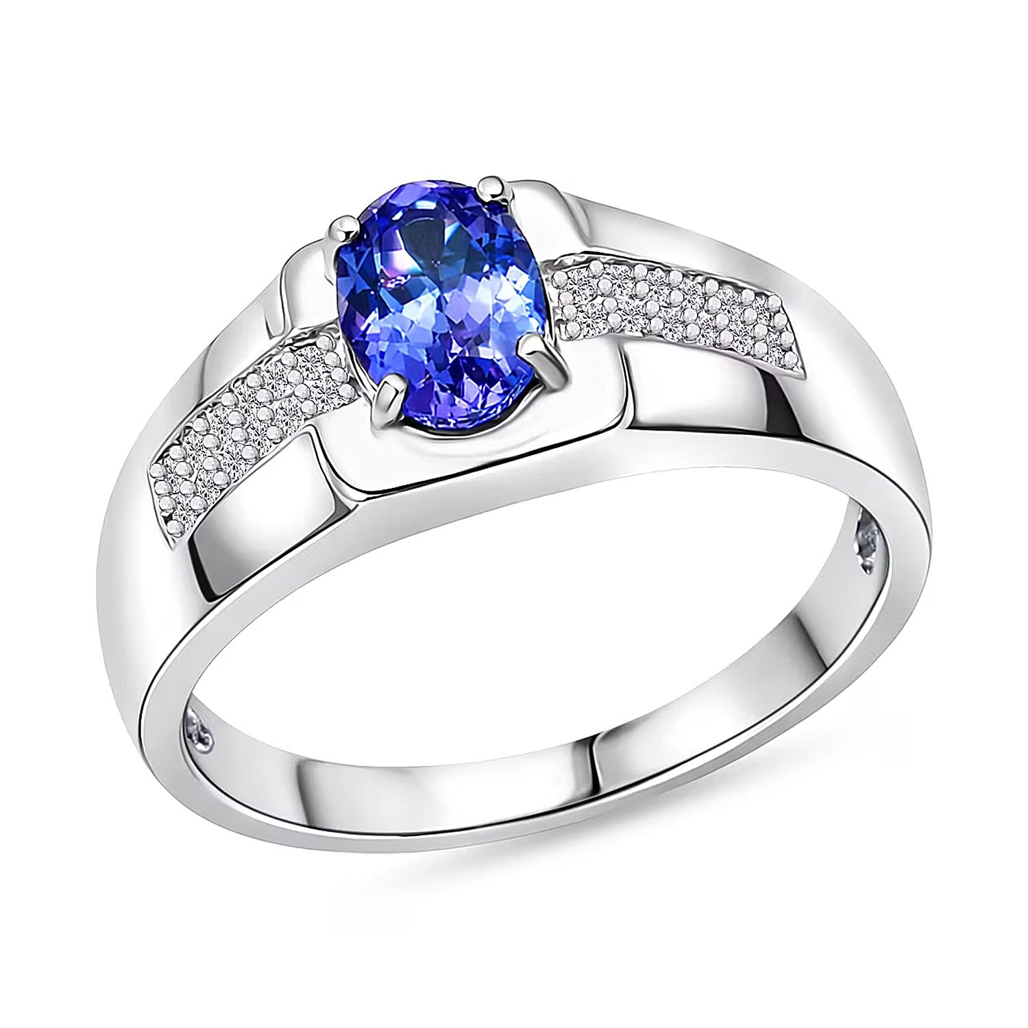 D'Joy Premium Tanzanite, White Zircon Men's Ring in Rhodium Over Sterling Silver (Size 10.0) 1.15 ctw