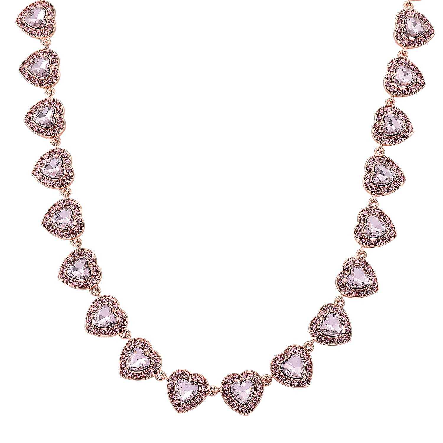 Pink Austrian Crystal and Pink Glass Heart Link Necklace (20 Inches) in Rosetone