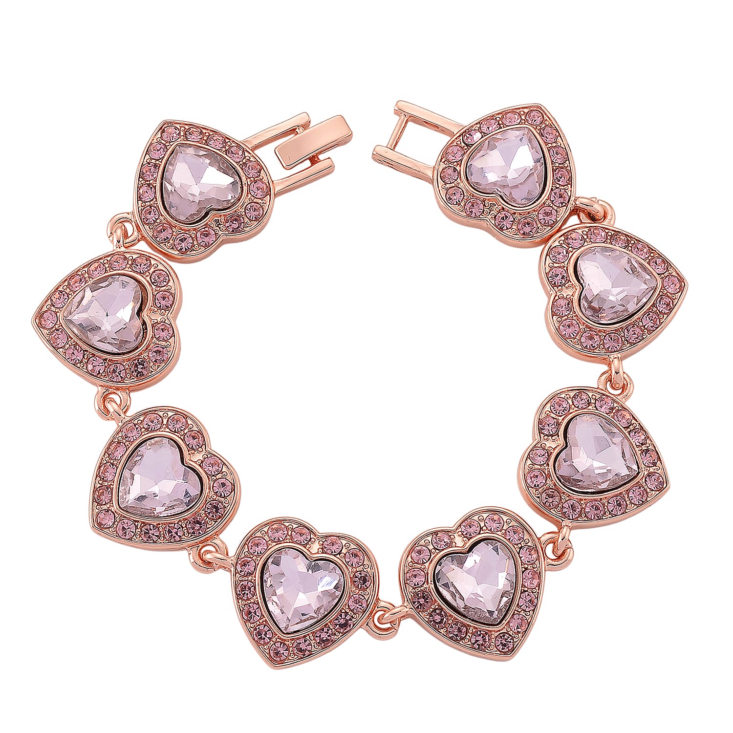 PInk Austrian Crystal and Pink Glass Heart Link Bracelet in Rosetone (7.75 In)