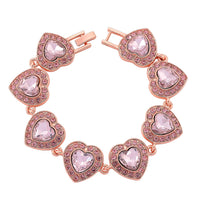 PInk Austrian Crystal and Pink Glass Heart Link Bracelet in Rosetone (7.75 In)