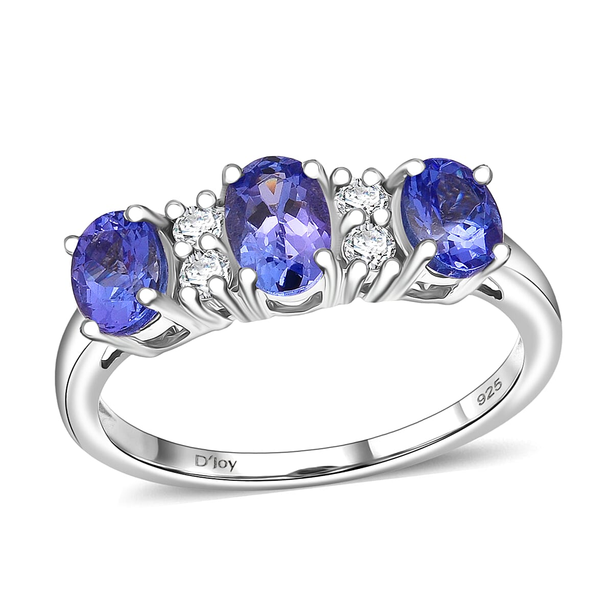 D'Joy Tanzanite, White Zircon Royal Trinity Ring in Rhodium Over Sterling Silver (Size 10.0) 1.50 ctw