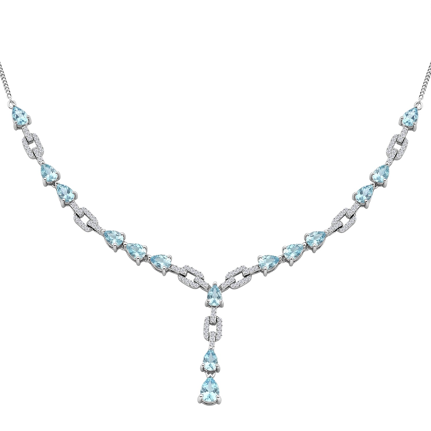 D'Joy Premium Cambodian Blue Zircon and White Zircon 11.30 ctw Ocean Cascade Necklace in Rhodium Over Sterling Silver 18 Inches
