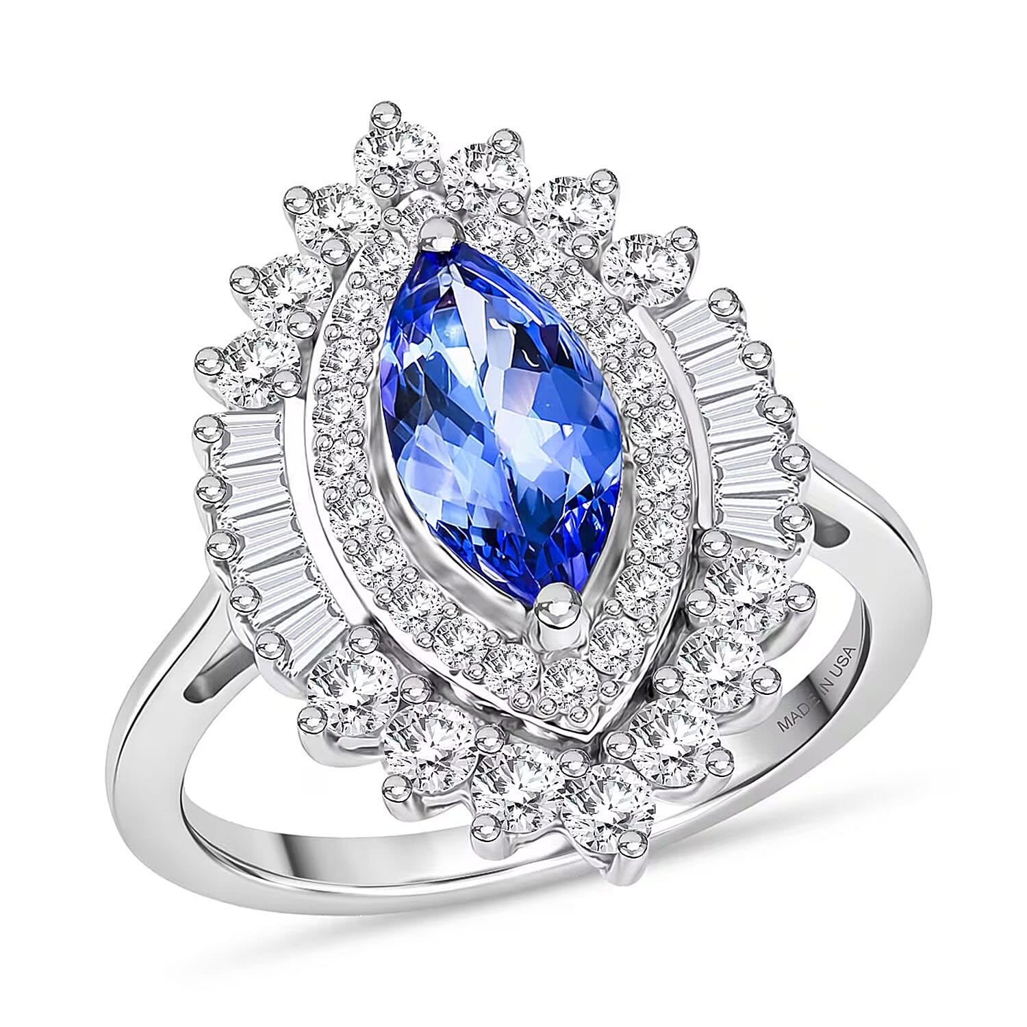 D'Joy Premium Tanzanite, Moissanite Blue Empress Ring in Rhodium Over Sterling Silver (Size 10.0) 2.70 ctw