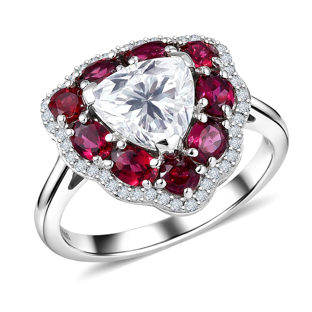 D'Joy Moissanite (Trl 8mm), Anthill Garnet Ring in Rhodium Over Sterling Silver (Size 10.0) 3.80 ctw