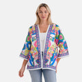 La Marey White with Multi Color Print Blend Kimono- One Size Fits Most - Sticky add to cart bar