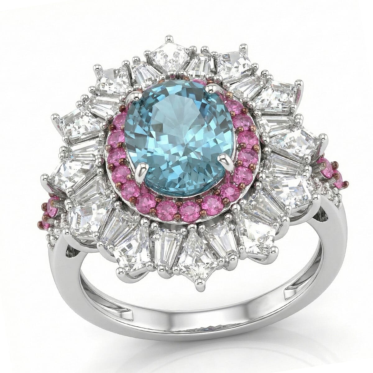 D'Joy Cambodian Blue Zircon, Multi Gemstone Ring in Rhodium Over Sterling Silver (Size 9.0) 8.20 ctw