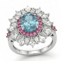 D'Joy Cambodian Blue Zircon, Multi Gemstone Ring in Rhodium Over Sterling Silver (Size 9.0) 8.20 ctw