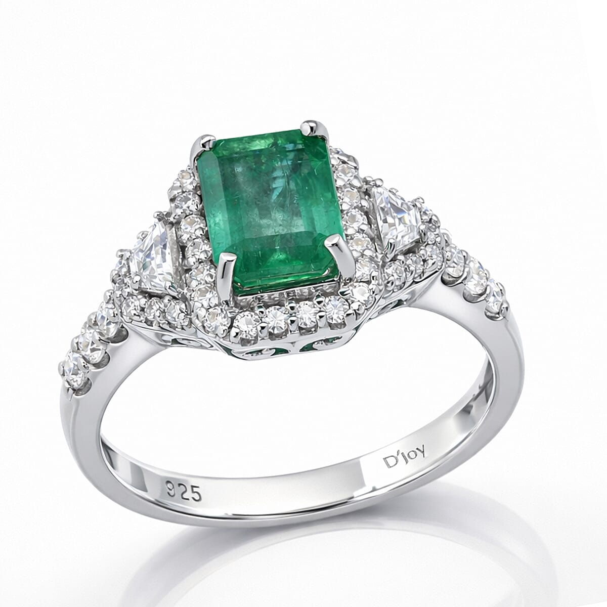 D'Joy Premium Kagem Zambian Emerald, Moissanite Crowned Heirloom Ring in Rhodium Over Sterling Silver (Size 10.0) 2.20 ctw