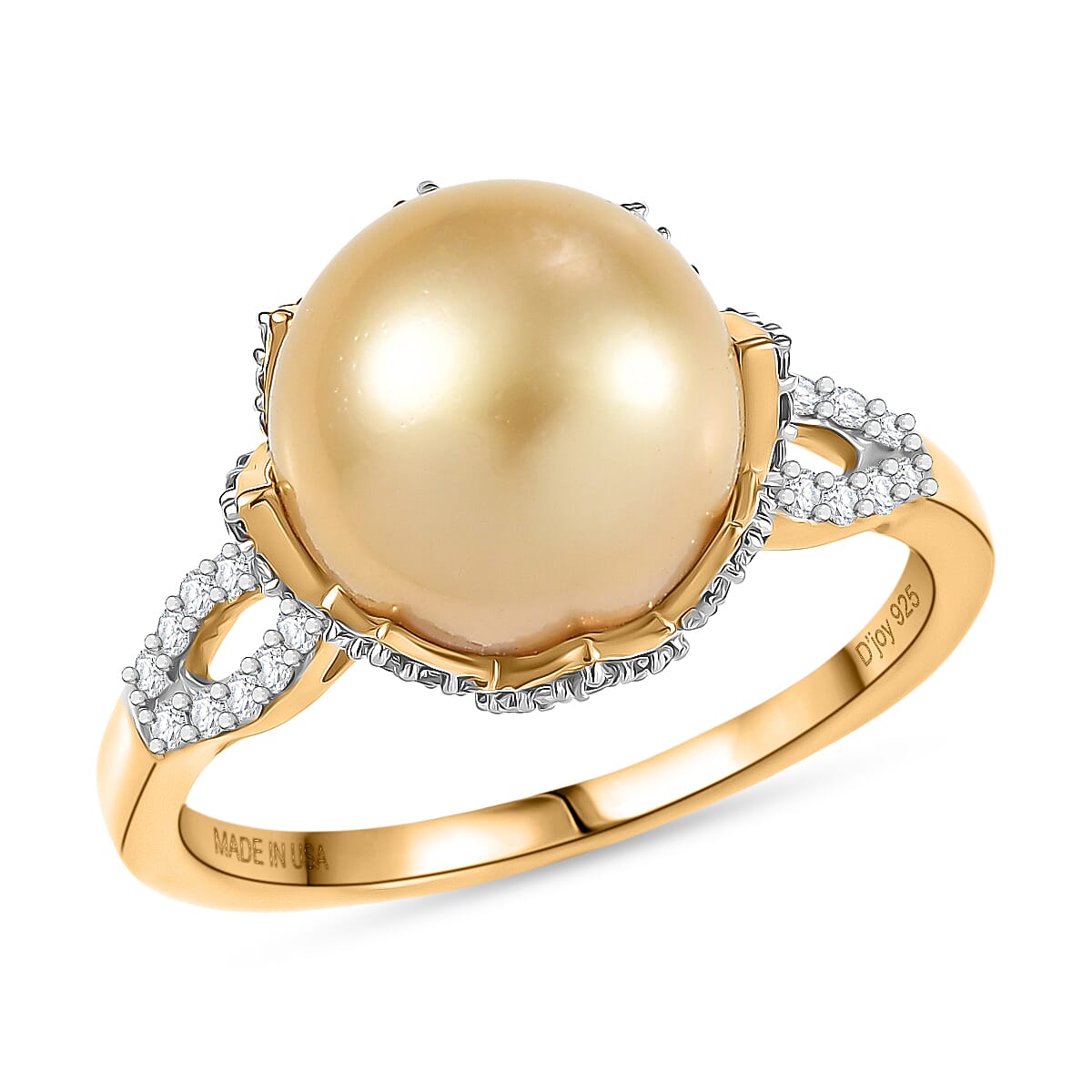 D'Joy Premium South Sea Golden Cultured Pearl (9-11mm), White Zircon Ring in 18K Vermeil YG Over Sterling Silver (Size 10.0) 1.10 ctw