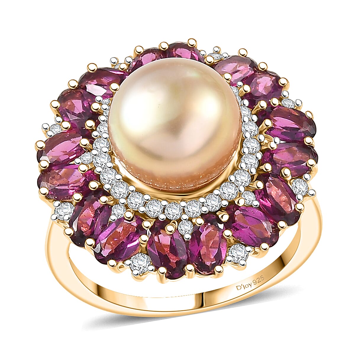 D'Joy Premium South Sea Golden Cultured Pearl (11-12mm), Multi Gemstone Bloom Ring in 18K Vermeil YG Over Sterling Silver (Size 10.0) 5.50 ctw