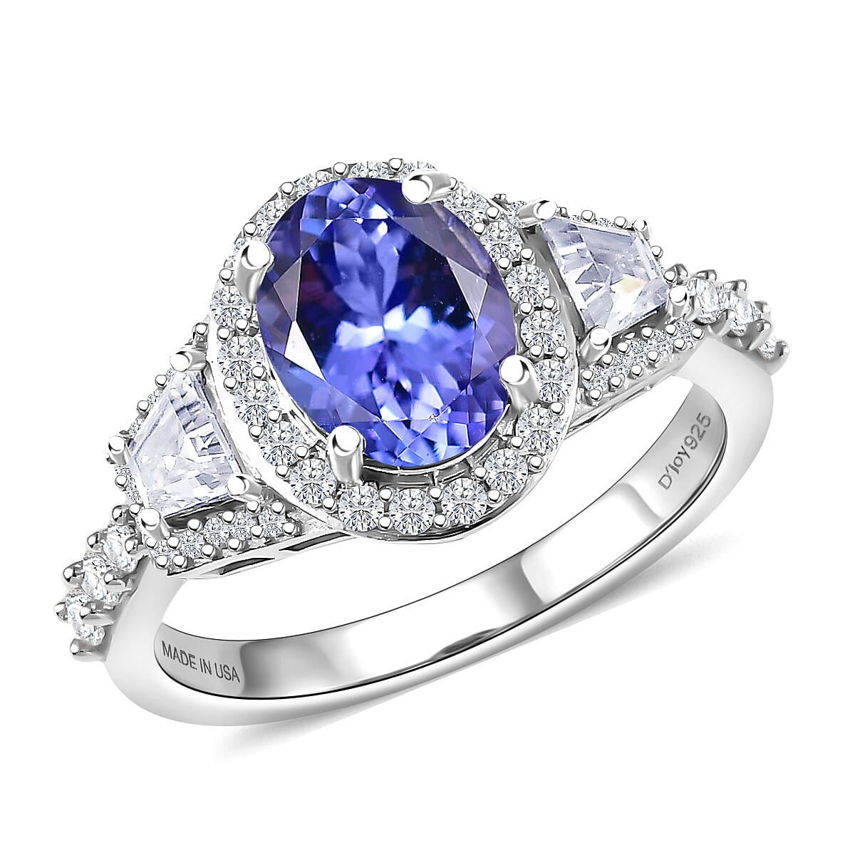 D'Joy Tanzanite, Moissanite Blue Prestige Ring in Rhodium Over Sterling Silver (Size 10.0) 2.35 ctw