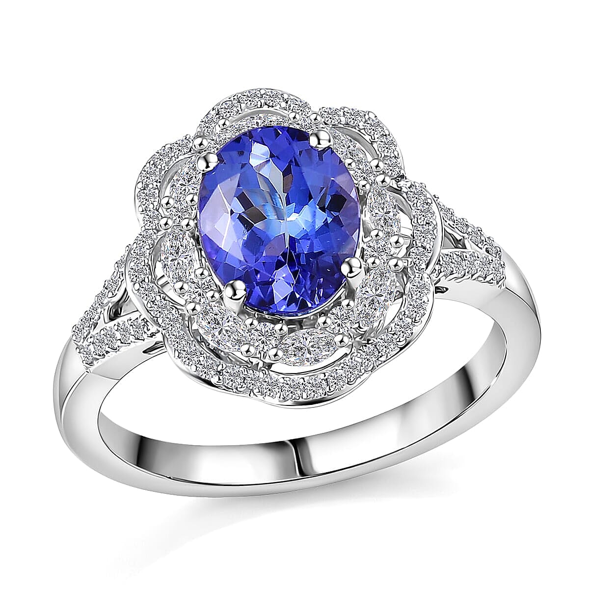 10K White Gold Premium Tanzanite, Luxuriant Lab Grown Diamond (E-F, VS) (0.40 cts) Blue Crownfire Ring (Size 6.0) 2.30 ctw