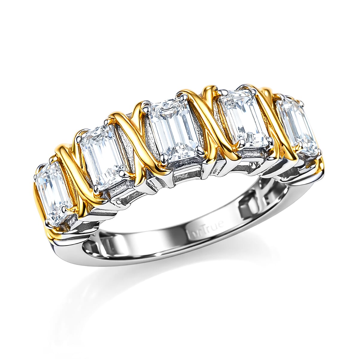 EverTrue Simulated Diamond 5 Stone Ring in 18K YG Plated and Platinum Bond (Size 10.0) 2.60 ctw