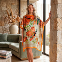 La Marey Pink with White Flower Silk Feeling Kaftan (34.25"x35.43")