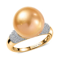 Premium South Sea Golden Cultured Pearl 13-14mm, Luxuriant Lab Grown Diamond (G-H, SI) Ring in 18K Vermeil YG Over Sterling Silver (Size 6.0) 0.30 ctw