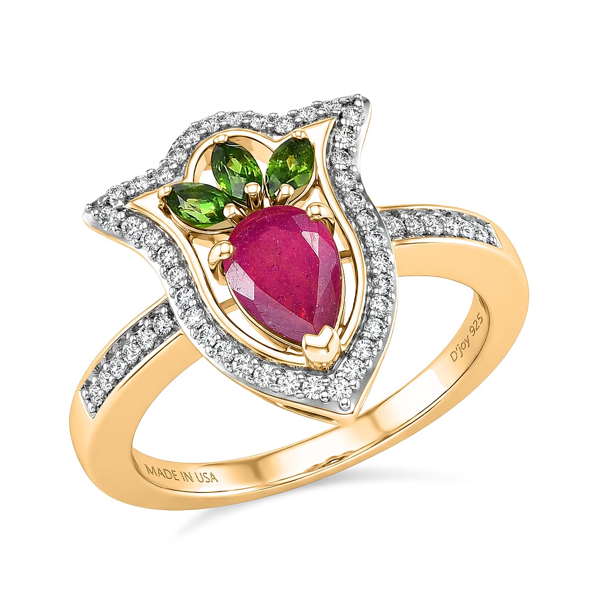 D'Joy Passport to Israel Premium Niassa Ruby (FF), Multi Gemstone Ring in 18K Vermeil YG Over Sterling Silver (Size 10.0) 1.65 ctw 8435047