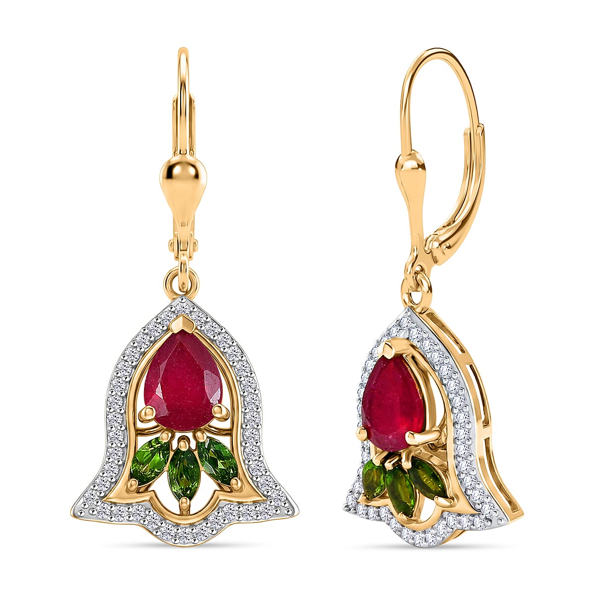 D'Joy Artistry to Israel Premium Niassa Ruby (FF) and Multi Gemstone 3.20 ctw Earrings in 18K Vermeil Yellow Gold Over Sterling Silver