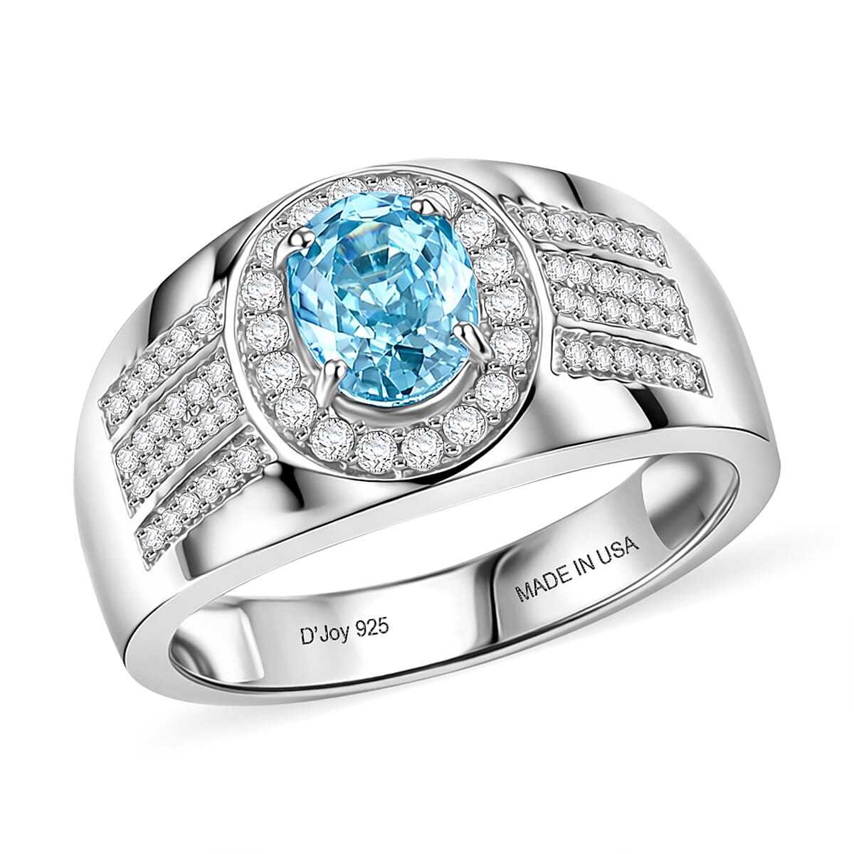 D'Joy AAA Cambodian Blue Zircon, Moissanite Men's Ring in Rhodium Over Sterling Silver (Size 10.0) 2.35 ctw