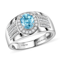 D'Joy AAA Cambodian Blue Zircon, Moissanite Men's Ring in Rhodium Over Sterling Silver (Size 10.0) 2.35 ctw