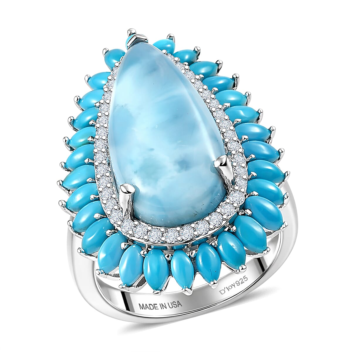 D'Joy AAA Larimar, Multi Gemstone Ring in Rhodium Over Sterling Silver (Size 10.0) 13.00 ctw