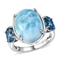 D'Joy AAA Larimar, London Blue Topaz Ring in Rhodium Over Sterling Silver (Size 10.0) 12.60 ctw