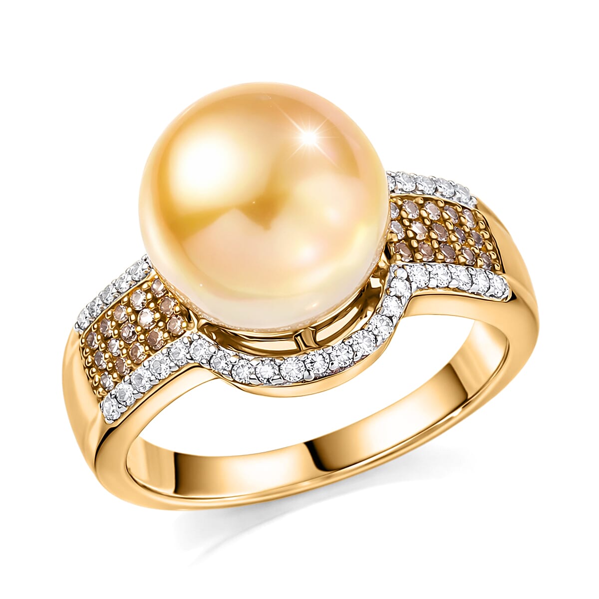 D'Joy South Sea Golden Cultured Pearl 10-11mm, Natural Champagne and White Diamond Golden Glow Ring in 18K Vermeil YG Over Sterling Silver (Size 10.0) 0.40 ctw