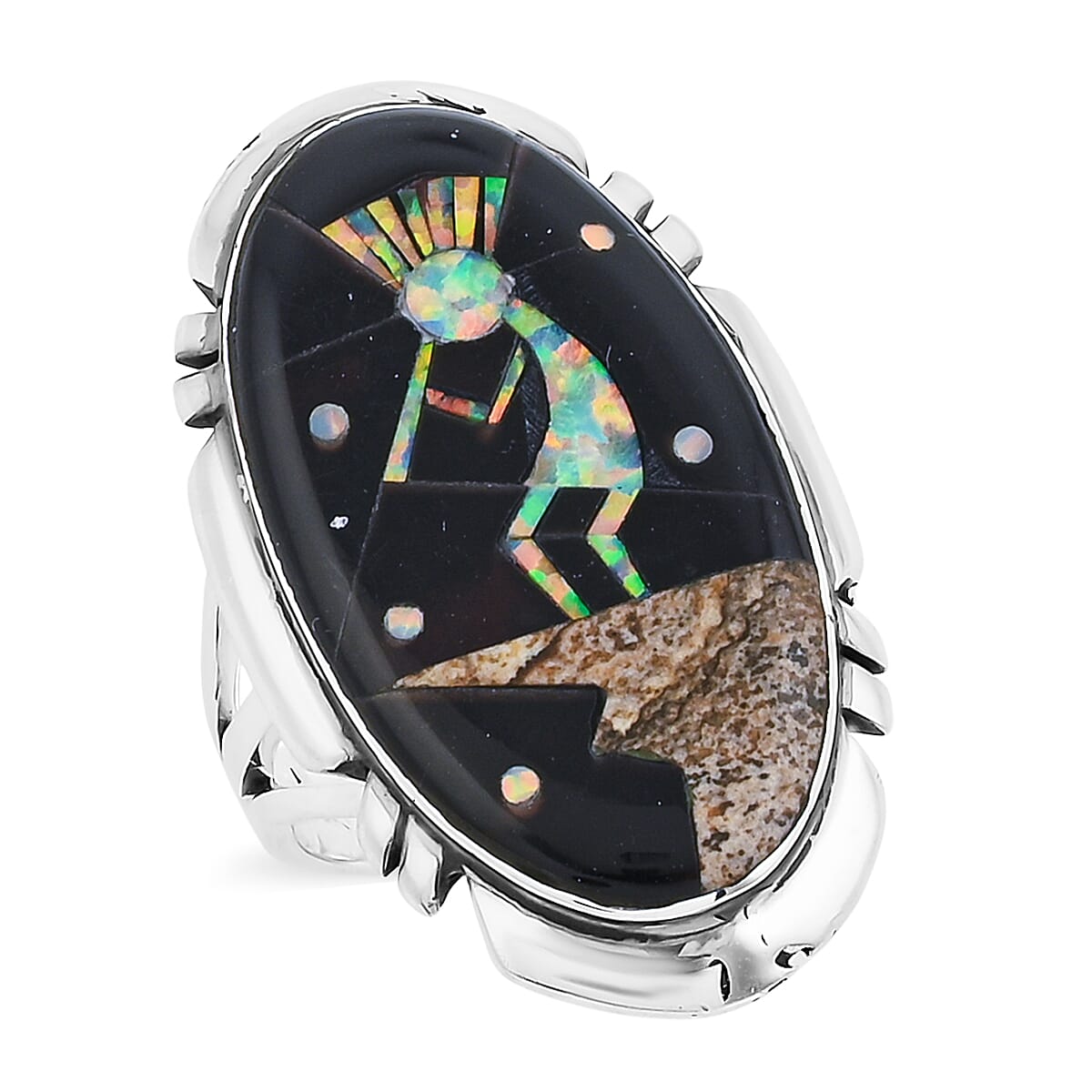 Santa Fe Style Black Onyx, Multi Gemstone Kokopelli Ring in Sterling Silver (Size 10.0) 12.50 ctw
