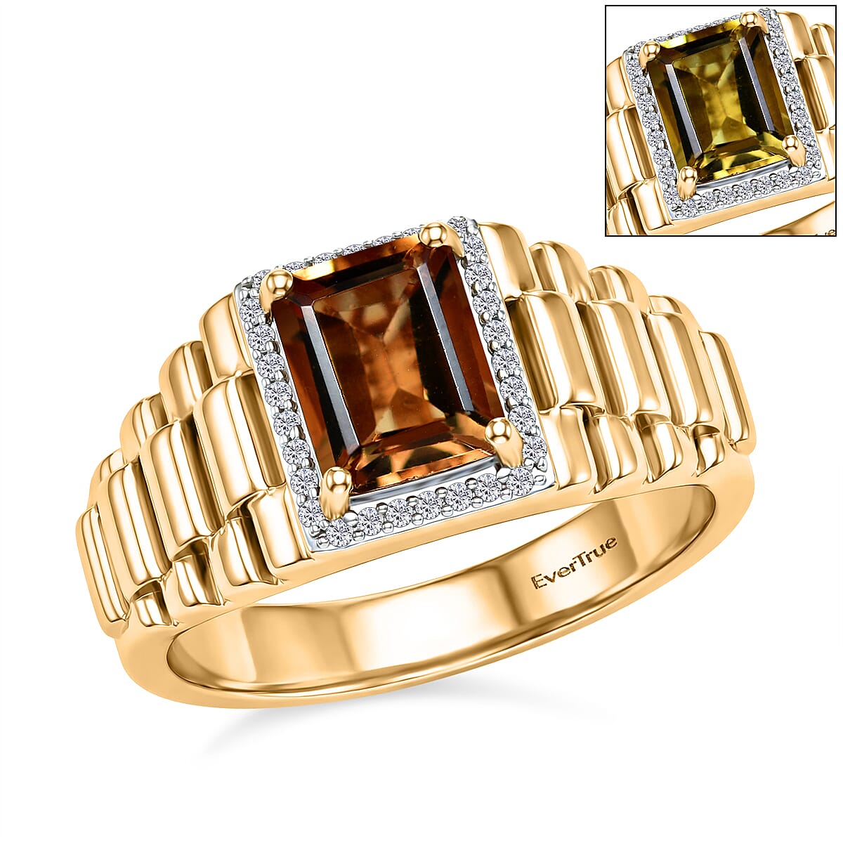 EverTrue Autumn Alexite, White Zircon Men's Ring in 18K YG Plated (Size 10.0) 2.65 ctw