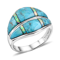 Santa Fe Style Kingman Turquoise, Opal Ring in Sterling Silver (Size 10.0) 10.60 ctw