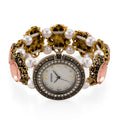 Strada Pink Glass and White Resin Pearl SL68 Quartz Movement Stretch Bracelet Watch in Goldtone - Sticky add to cart bar
