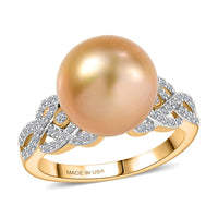 Premium South Sea Golden Cultured Pearl 11-12mm, Luxuriant Lab Grown Diamond (G-H, SI) Ring in 18K Vermeil YG Over Sterling Silver (Size 10.0) 0.30 ctw