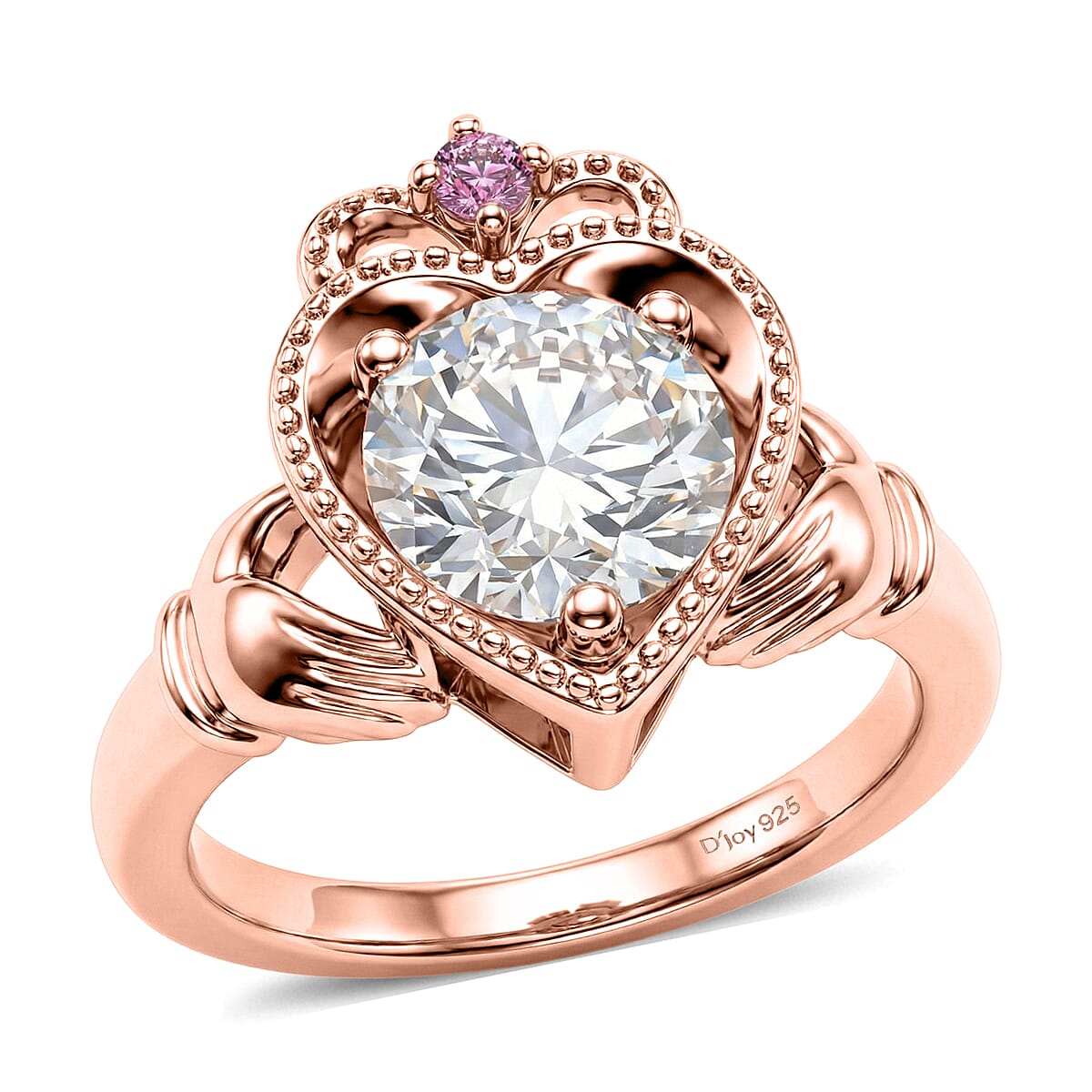 D'Joy Moissanite (Rnd 8mm), Madagascar Pink Sapphire Ring in 18K Vermeil RG Sterling Silver (Size 5.0) 1.85 ctw