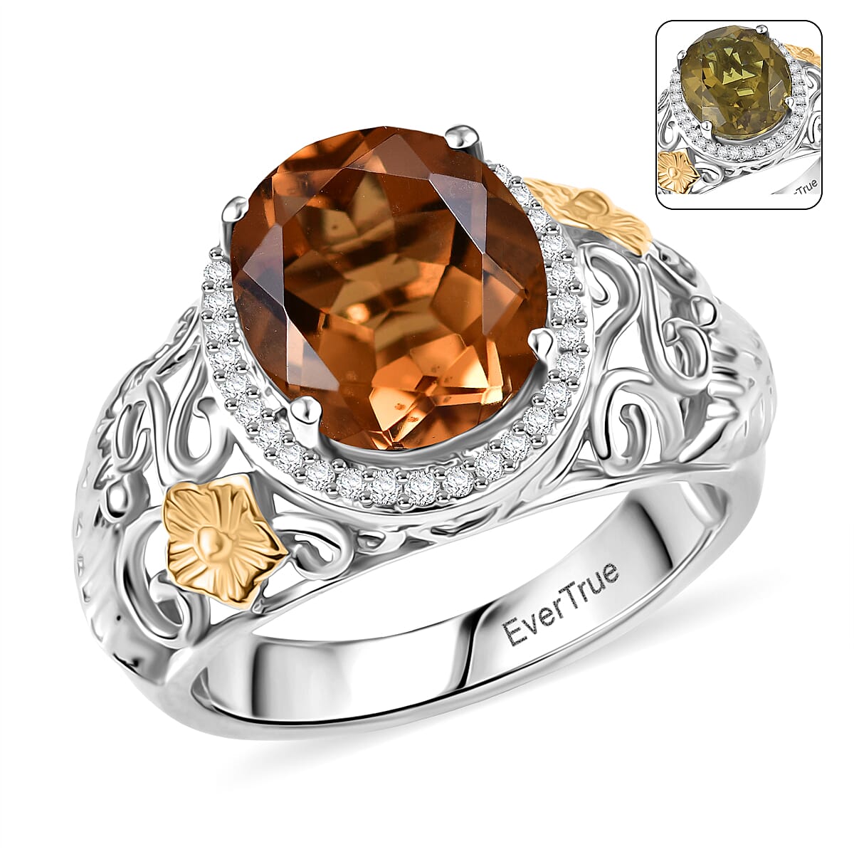 EverTrue Autumn Alexite, White Zircon Ring in 18K YG Plated and Platinum Bond (Size 10.0) 4.90 ctw