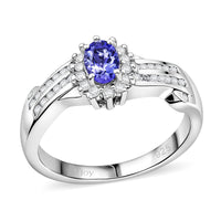 D'Joy AAA Tanzanite, White Zircon Ring in Rhodium Over Sterling Silver (Size 10.0) 1.00 ctw