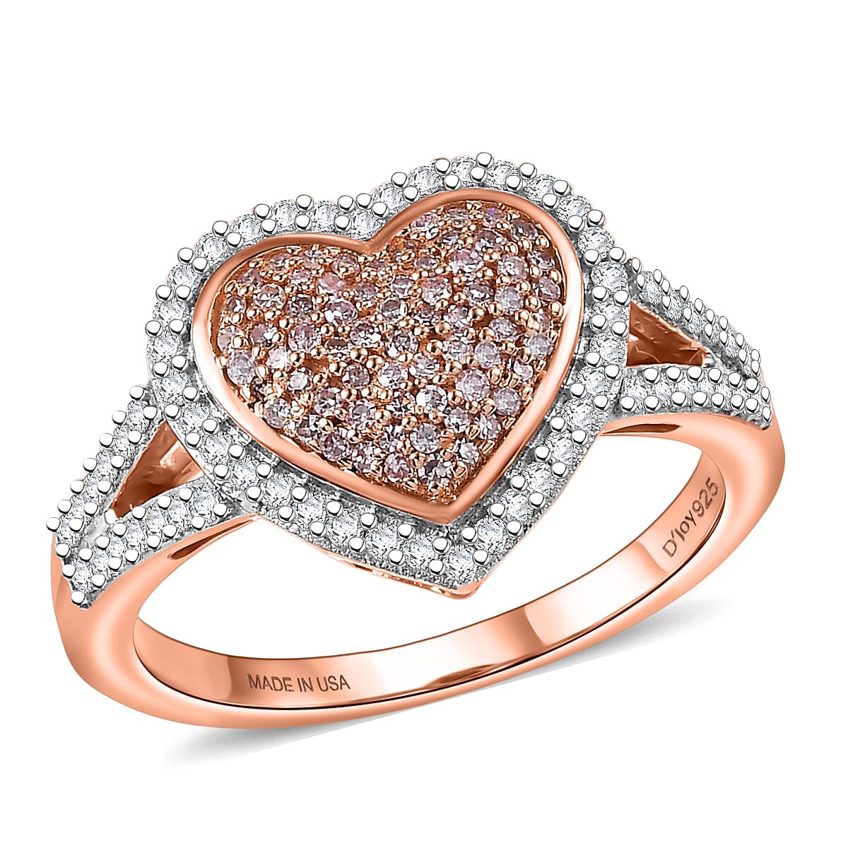 D'Joy Natural Pink and White Diamond (I3) Timeless Love Ring in 18K Vermeil RG Over Sterling Silver (Size 10.0) 0.60 ctw