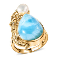 D'Joy Premium Larimar and Freshwater Pearl 14.50 ctw Ring in 18K Vermeil Yellow Gold Over Sterling Silver