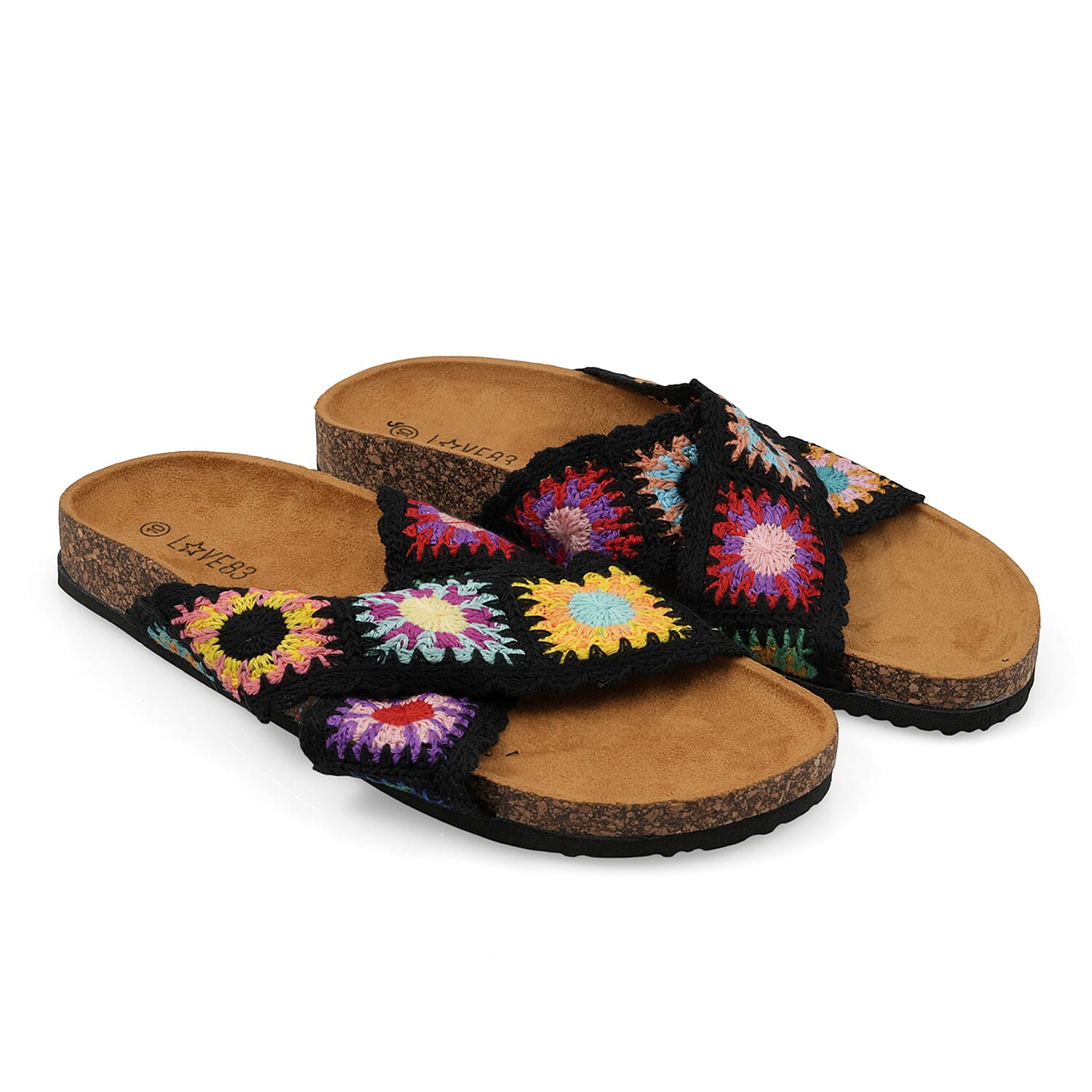 LOVE 83 Black Crisscross Floral Sandals (Size 6)