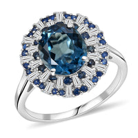D'Joy London Blue Topaz, Multi Gemstone Ring in Rhodium Over Sterling Silver (Size 20.0) 6.75 ctw