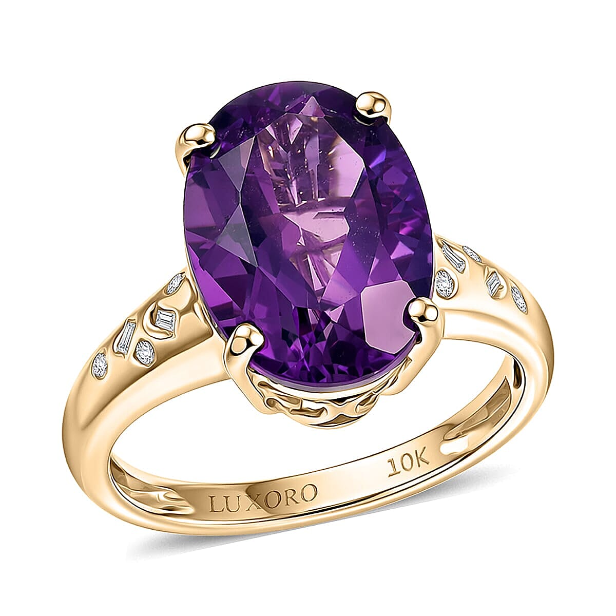 Valentine Special Deal Luxoro 10K Yellow Gold Premium Lusaka Amethyst, Diamond (I2) Ring (Size 6.0) 5.70 ctw