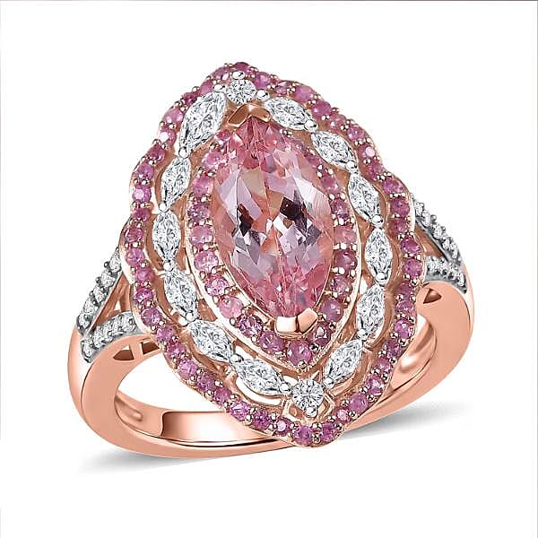 D'Joy Premium Pink Morganite, Multi Gemstone Ring in 18K Vermeil RG Over Sterling Silver (Size 10.0) 2.75 ctw