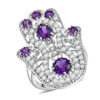 D'Joy African Amethyst and White Zircon 4.15 ctw Hamsa Ring in Rhodium Over Sterling Silver