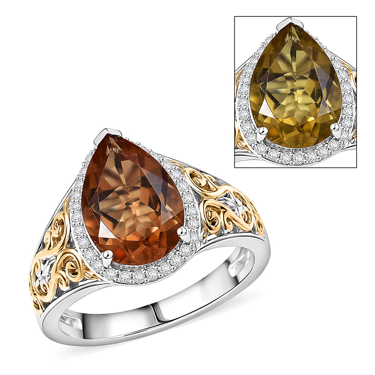 EverTrue Autumn Alexite, White Zircon Ring in 18K YG Plated and Platinum Bond (Size 10.0) 3.10 ctw