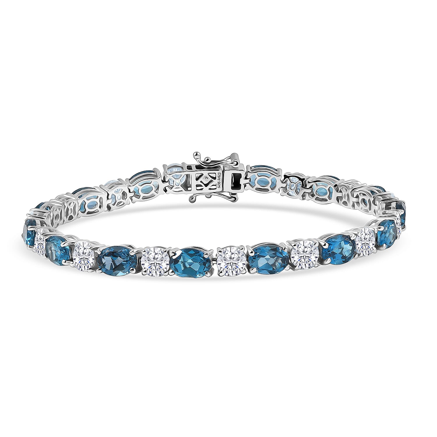 D'Joy Certified London Blue Topaz, Moissanite Bracelet in Rhodium Over Sterling Silver (7.25 In) 19.50 ctw