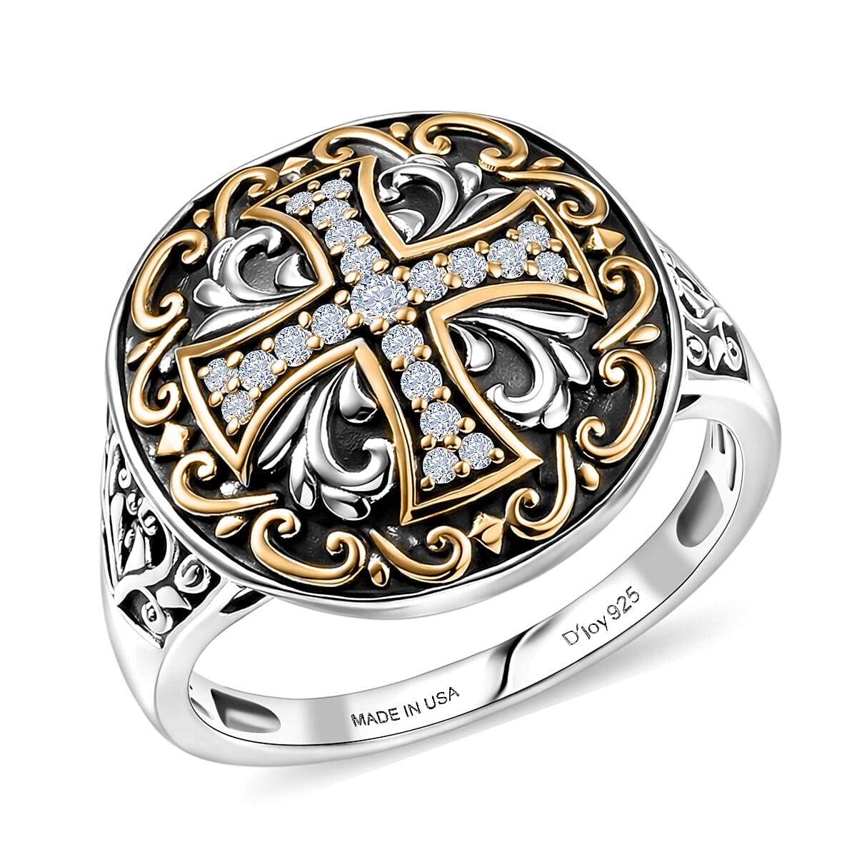 D'Joy Passport to Israel Artisan Crafted White Zircon Men's Ring in 18K YG Plated and Sterling Silver (Size 10.0) 0.30 ctw