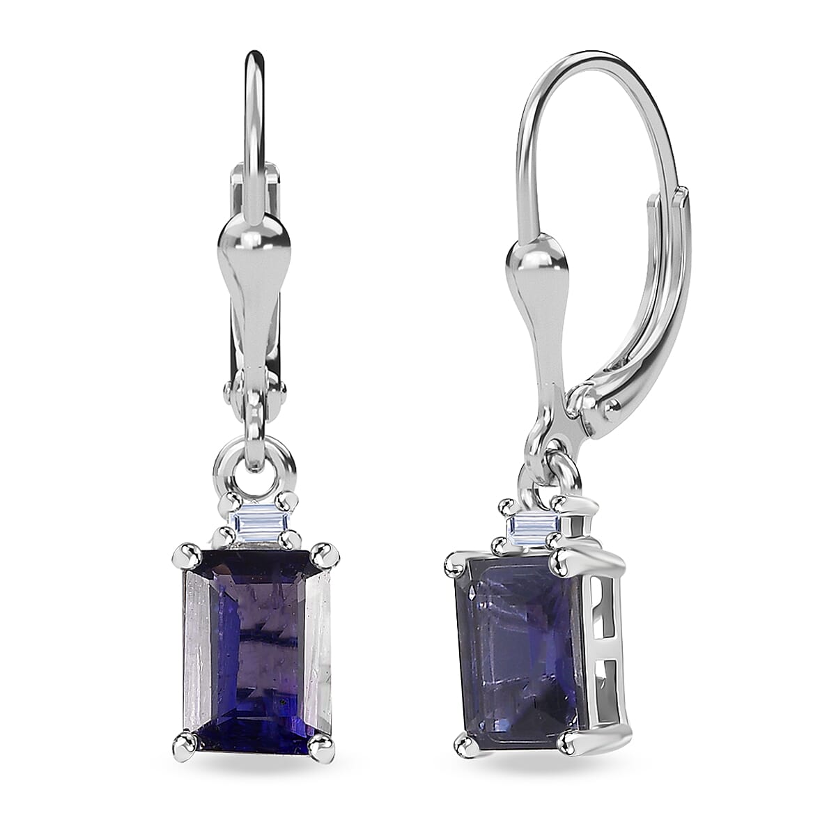 Premium Catalina Iolite and Luxuriant Lab Grown Diamond G-H SI 1.85 ctw Royal Violet Elegance Earrings in Rhodium Over Sterling Silver