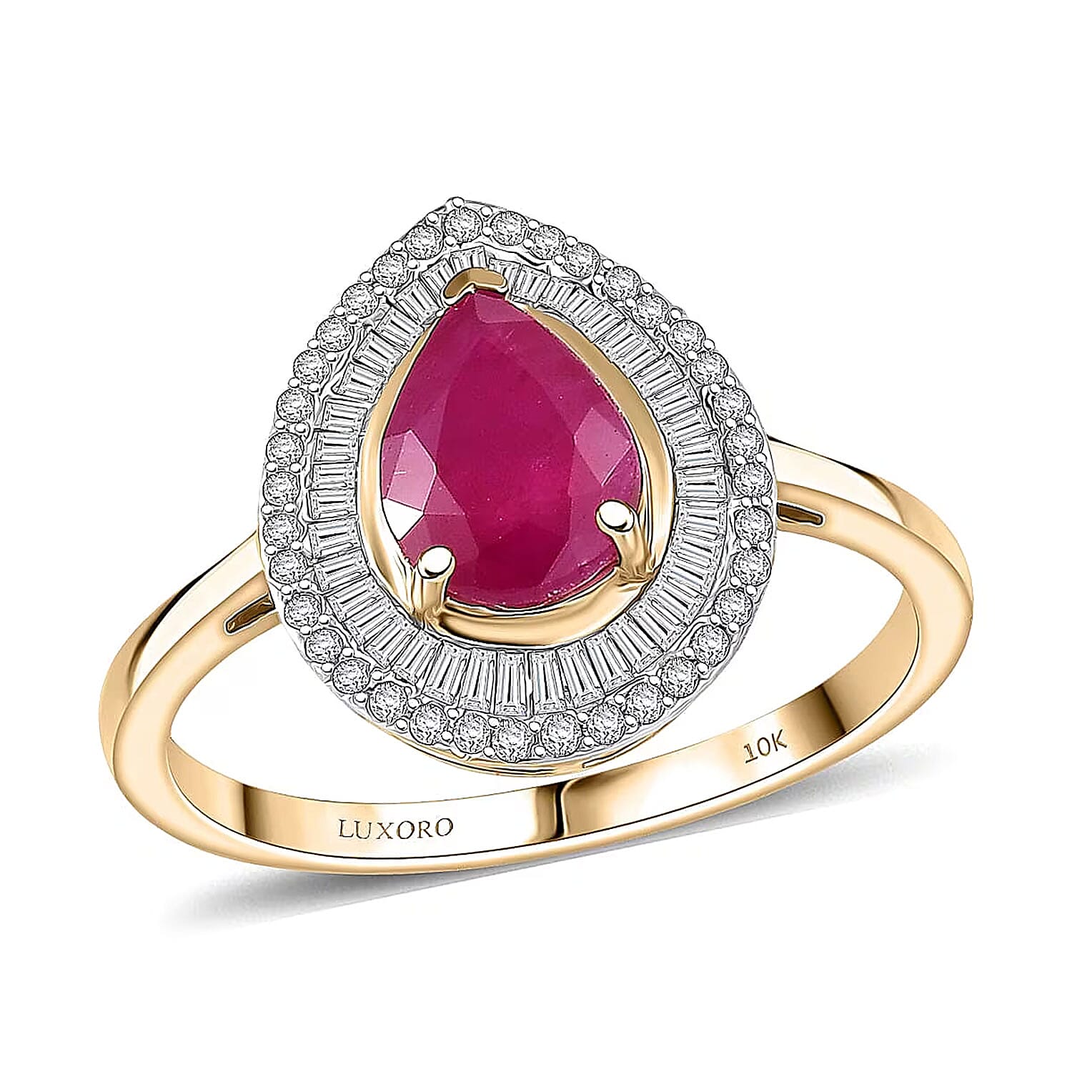 Luxoro 10K Yellow Gold AAA Montepuez Ruby, Diamond (I2) (0.48 cts) Flame Pear Ring (Size 10.0) 2.50 ctw
