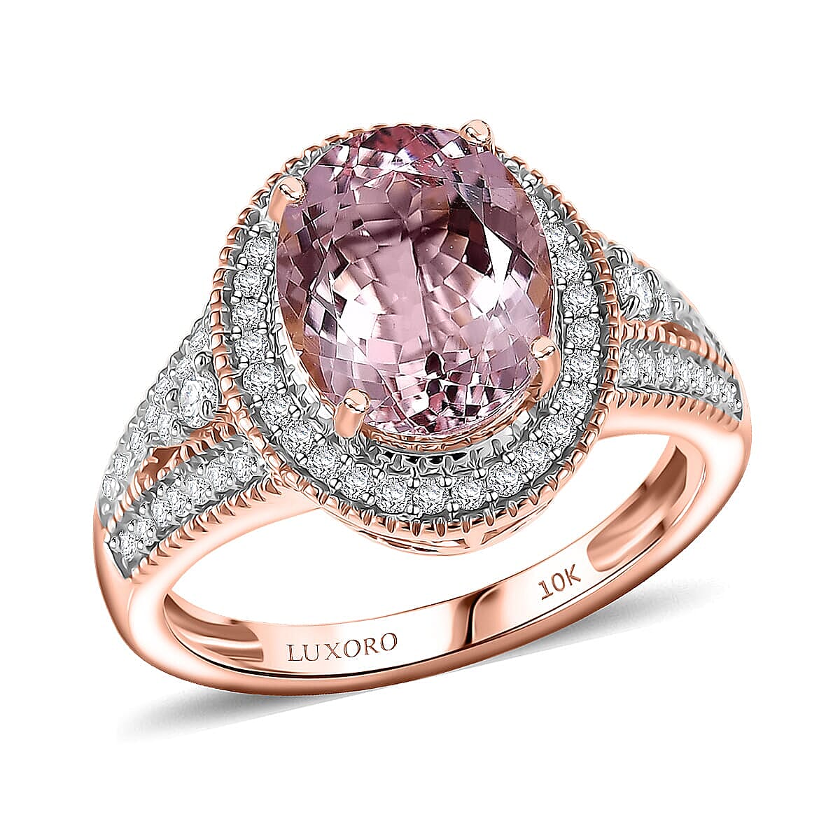 Luxoro 10K Rose Gold Premium Pink Morganite, Diamond (I2) (0.33 cts) Ring (Size 6.0) 2.90 ctw