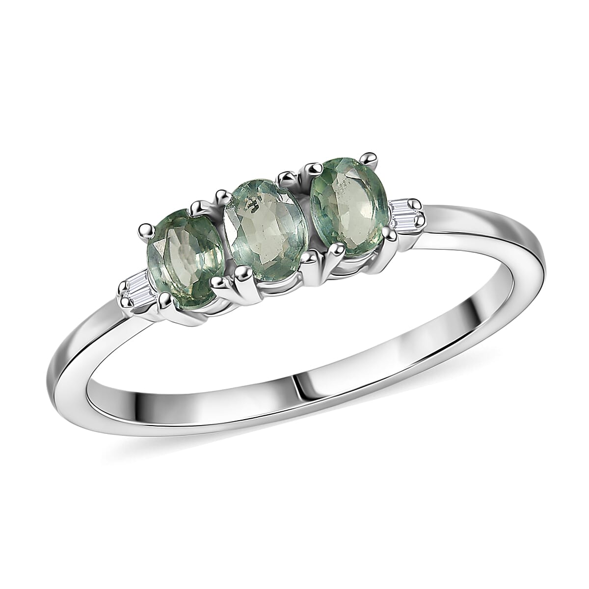 D'Joy Premium Green Sapphire, Diamond Ring in Rhodium Over Sterling Silver (Size 10.0) 0.75 ctw