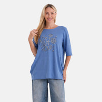 La Marey Blue Short Sleeve Ribbed Top with Rhinestone Design - One Size Fits Most