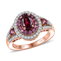 D'Joy Premium Orissa Rhodolite Garnet, Moissanite Ring in 18K Vermeil RG Over Sterling Silver (Size 10.0) 2.20 ctw